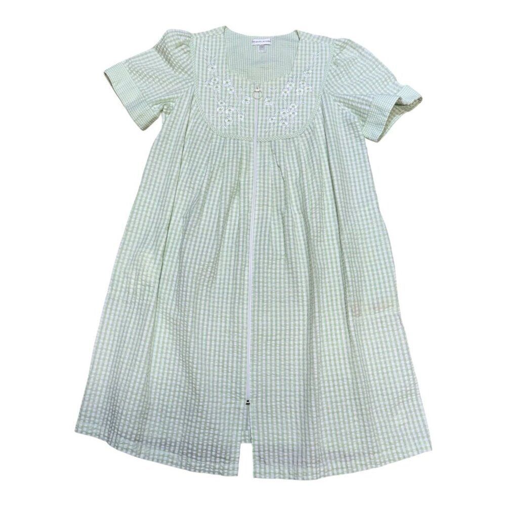 Miss Elaine Green & White Gingham Embroidered Zip Nightgown M House Coat Robe